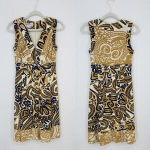 Kay Unger Silk Abstract Paisley Dress‎ 2 A Line Sleeveless V Neck Pleated Navy